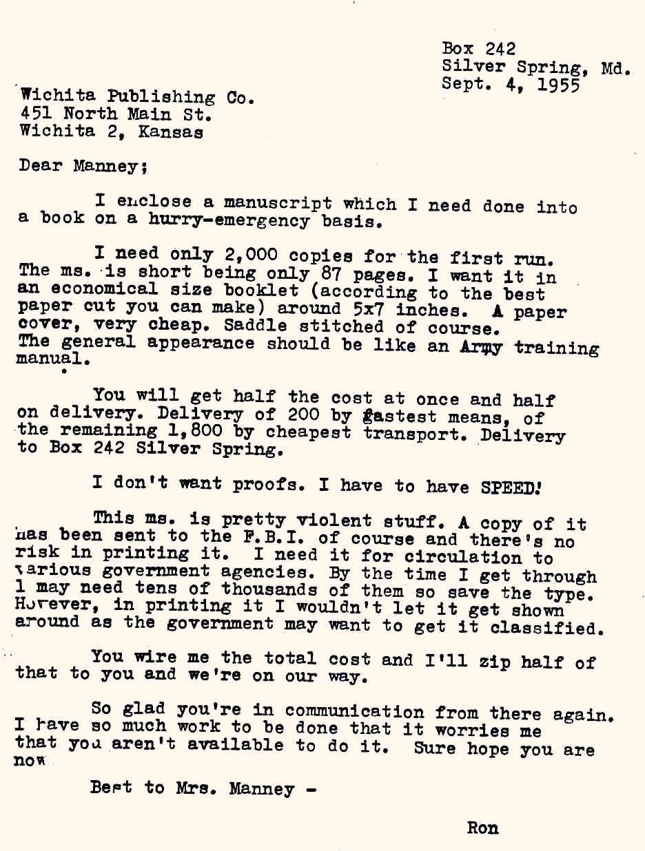 typed letter from Hubbard to his publisher dated September 4, 1955