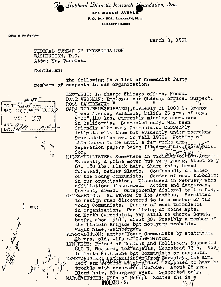 L. Ron Hubbard's ports wife to FBI